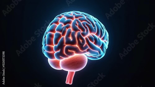 Animated human brain rotates slowly against a dark backdrop useful for educational or medical concepts showing the organ's overall structure.