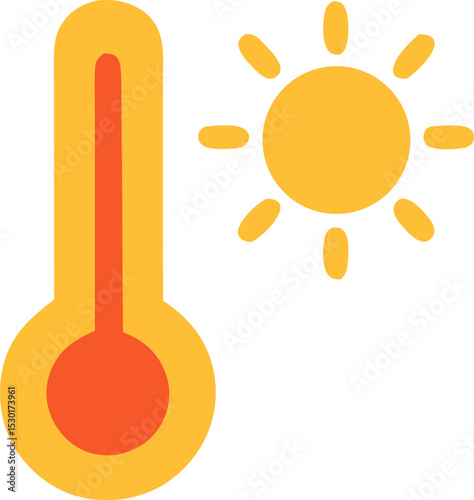 Rising temperatures symbolized by a thermometer and sun. Suitable for climate change awareness, weather reports, and environmental graphics.
