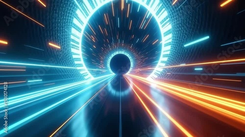Abstract glowing light streaks fly through a tunnel like space in blue and orange colors for technology or futuristic concepts.