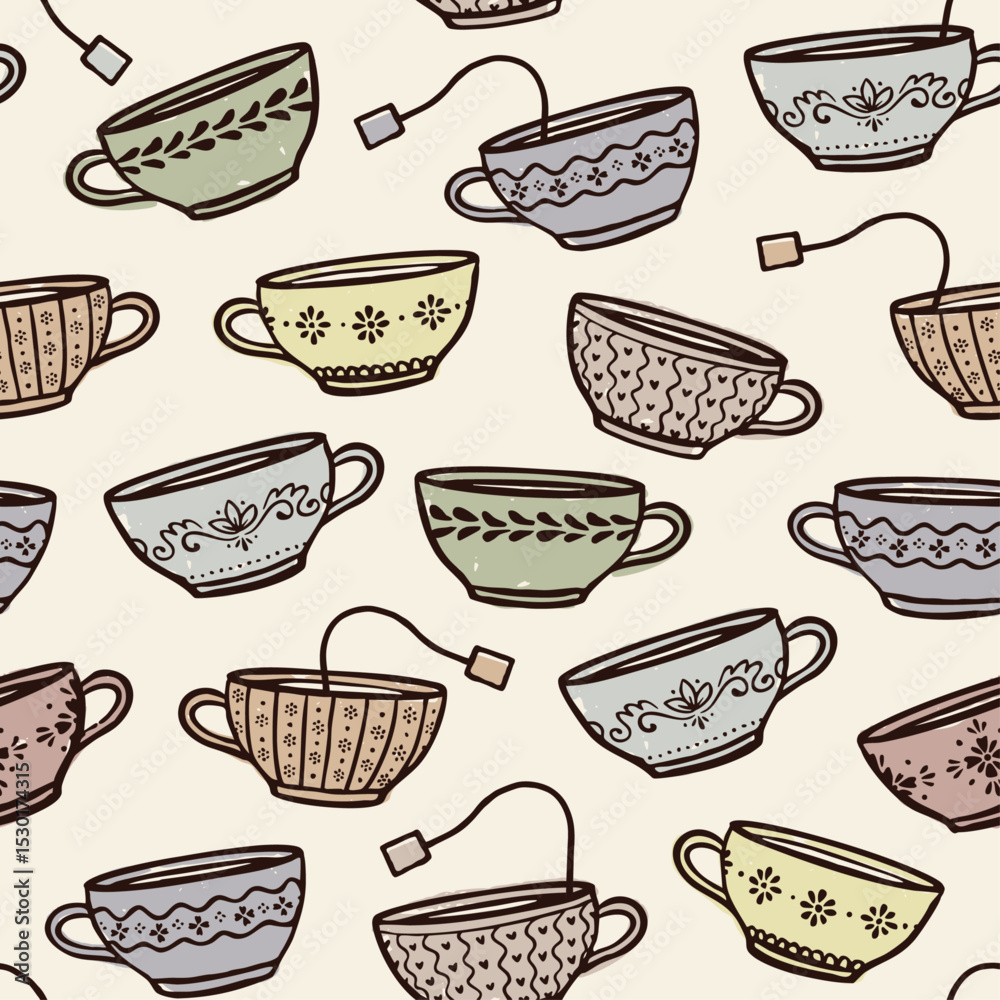 Seamless hand drawn vector teacup pattern. Cozy, trendy, vintage style illustrated pattern with ornamental tea cups. 