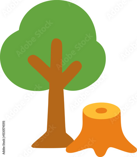 The environmental impact of deforestation highlighted by a stark comparison between a thriving tree and a lonely tree stump. Suitable for environmental awareness campaigns, educational materials, pres