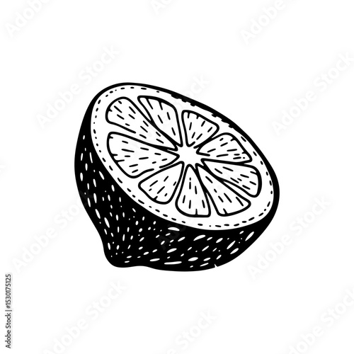 Hand-drawn black and white lemon slice