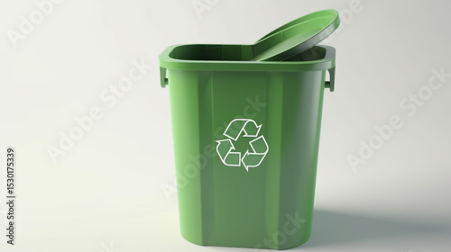 A green recycling bin featuring a clear recycle logo, placed on a clean white background, symbolizes eco-friendly waste disposal and promotes environmental awareness photo