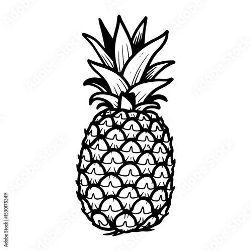 Hand-drawn black and white pineapple fruit illustration.