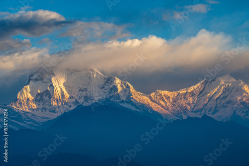 Mt.Dhaulagiri (8,167 m) the seventh highest mountains in the world seen from Poonhill during sunrise in Nepal. This peak is very popular among the eight-thousanders for expeditions.