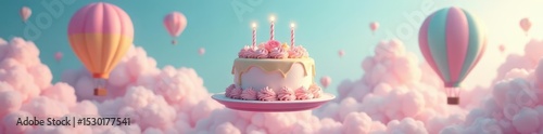 Floating birthday cake surrounded by pastel clouds and cheerful hot air balloons , fun, surreal