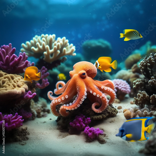 small cute orange octopus surrounded by coral reef underwater in ocean