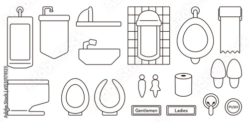 アイコン、シンボル、修飾などにも使える便器などトイレに関係したイラストを黒と白でデザインしたベクターのコレクション