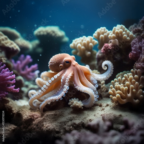 small octopus surrounded by coral reef underwater