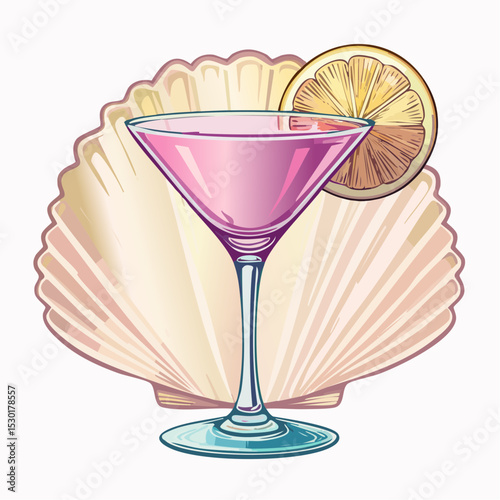 A seashell and martini cocktail glass, Seashell, Clam shell, Martini glass, pink,