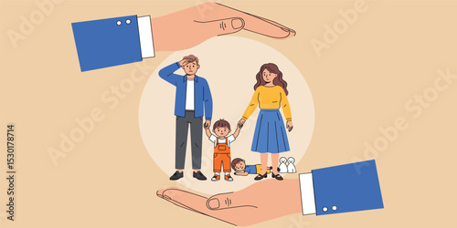 Family safety, life insurance or protection concept, lovely family holding hands, parent with daughter and cute little dog in helping hand palm with other hand cover above for shelter and protection.