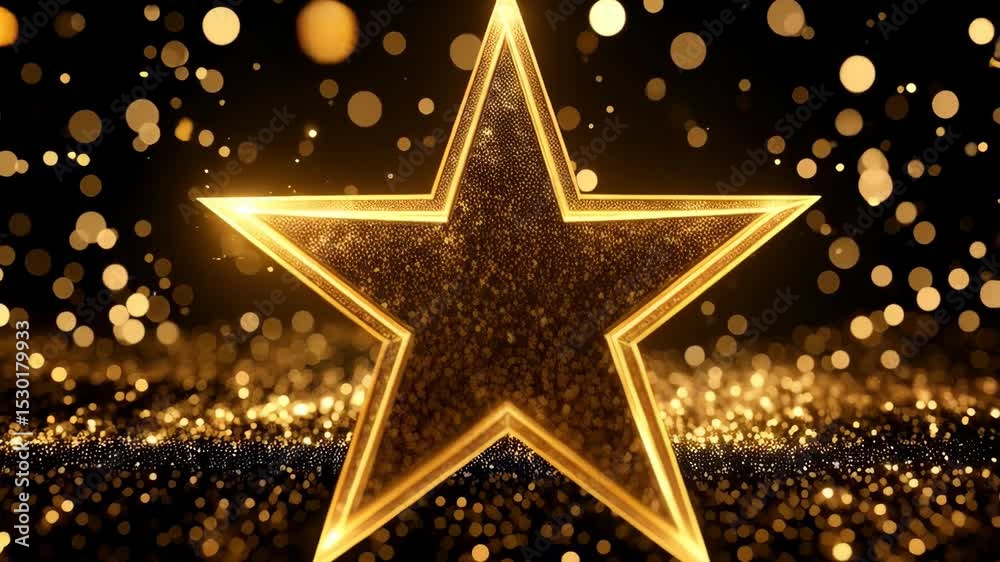 Radiant golden five point star illuminated against a bokeh blurred dark background with sparkling light particle elements.
