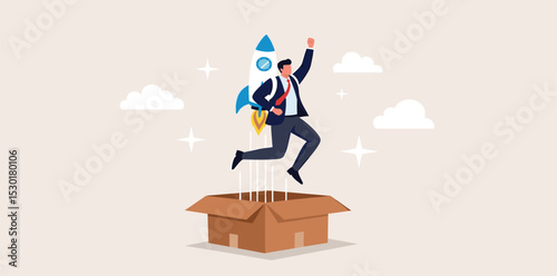 Think outside the box, creativity and innovation to change new ideation for business solution, leadership or inspiration for career success, businessman launch from open box with rocket booster