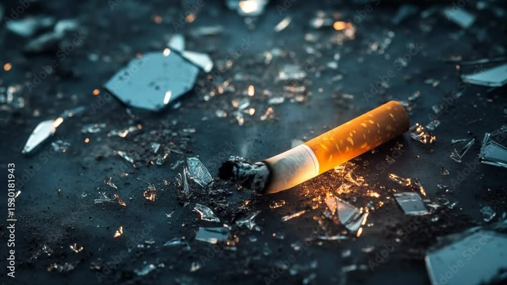 Extinguished hope: a cigarette's last light amidst shattered reflections