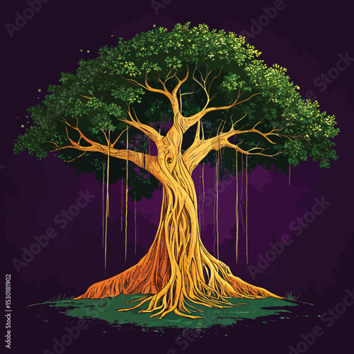 Majestic Banyan Tree: This enchanting illustration features a vibrant banyan tree, its lush green canopy providing a striking contrast against a deep purple background. The intricate roots, leaves.