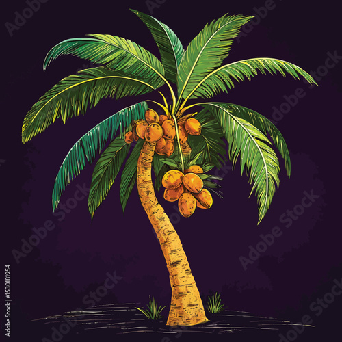 Palm Tree Paradise: Illustrative depiction of a tropical palm tree laden with coconuts, evoking the allure of a serene island paradise.