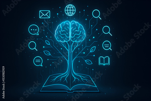 Generative AI, A glowing brain grows into a tree from books, surrounded by communication, learning and networking icons. photo