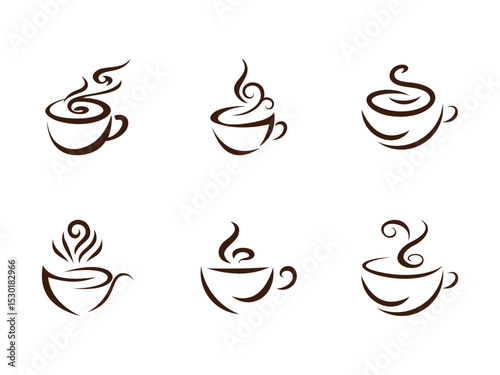 Set of stylized coffee cup icons in brown color, each with unique steam swirl designs, minimalist, elegant, line art style, perfect for café logo, coffee shop branding, or menu design