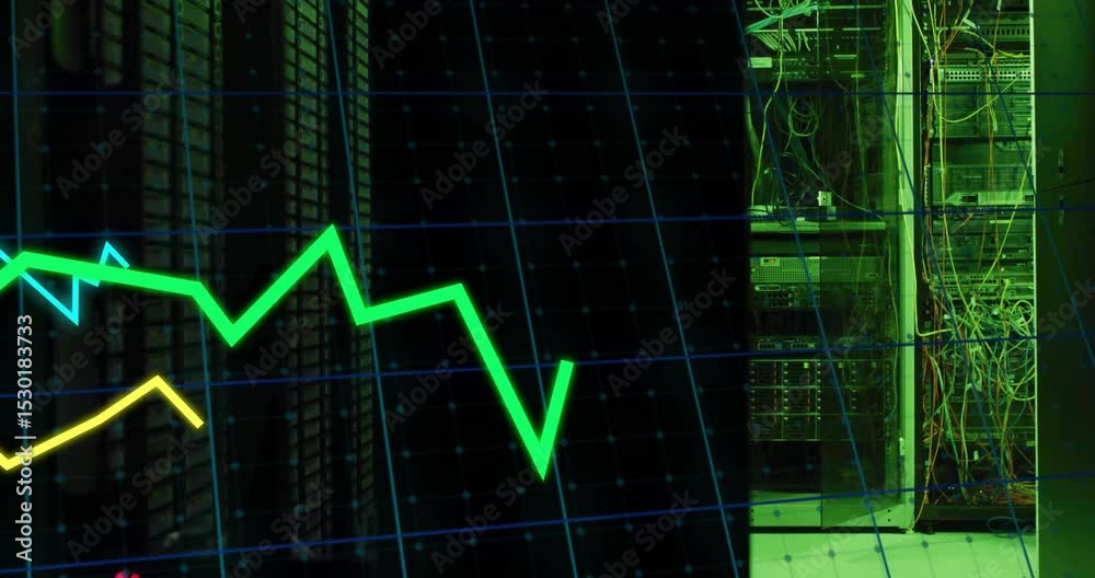 Three colored lines appearing at 3D grid and scrolling inward visualizing network data server racks