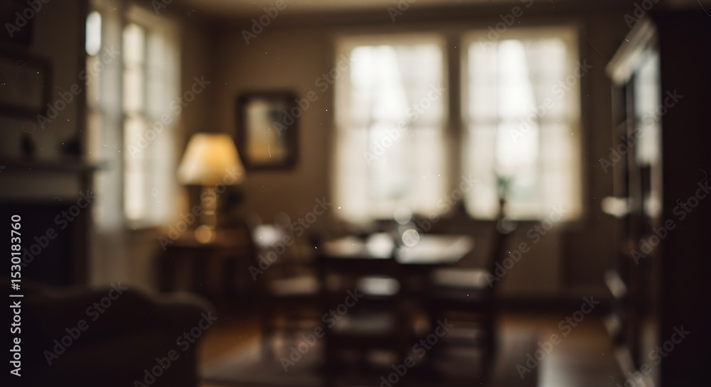 Fototapeta premium Blurred Dining Room in Beige Tones with Wooden Table and Natural Light