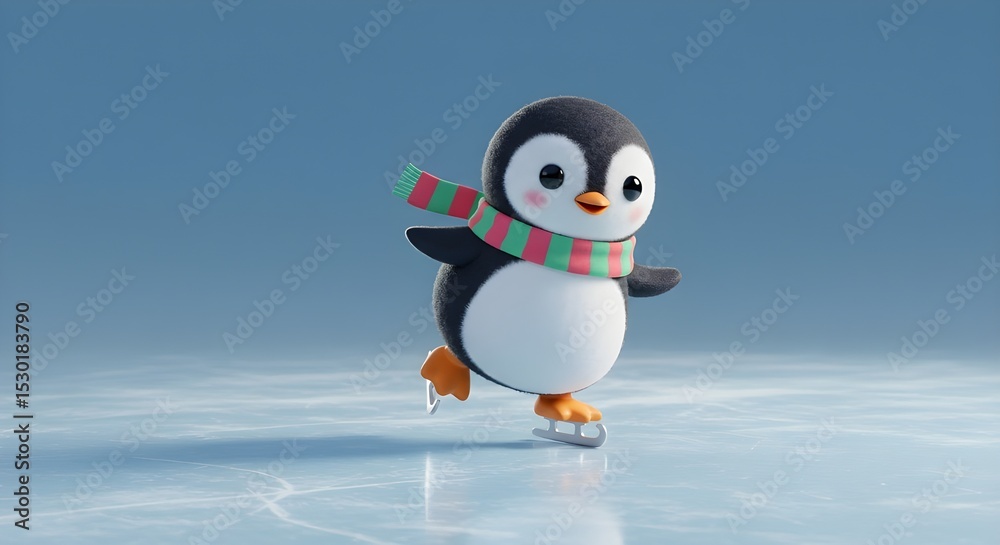 Fototapeta premium Cute Cartoon Penguin Ice Skating: Adorable Winter Scene with Scarf