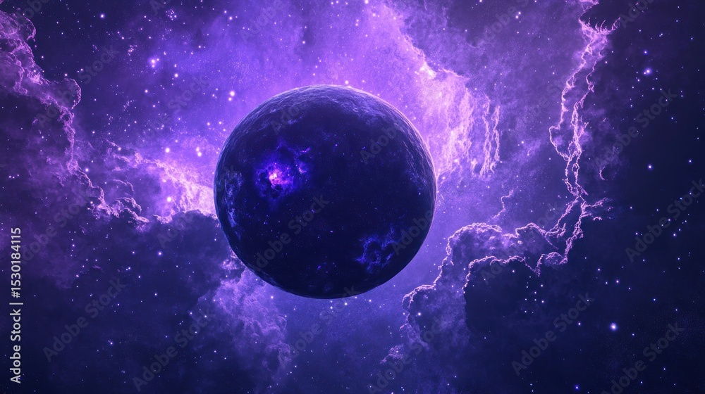 Fototapeta premium Purple nebula surrounds dark planet