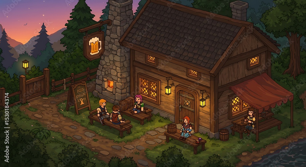 Fototapeta premium Cozy pixel art tavern scene at sunset