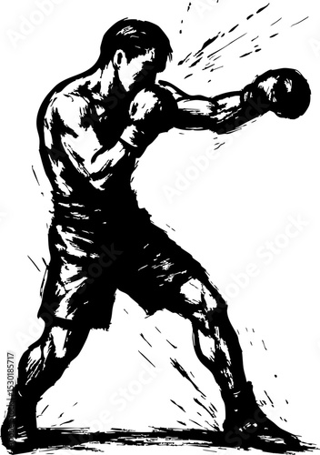 Powerful Boxer Punching Action - Dynamic Black and White Illustration