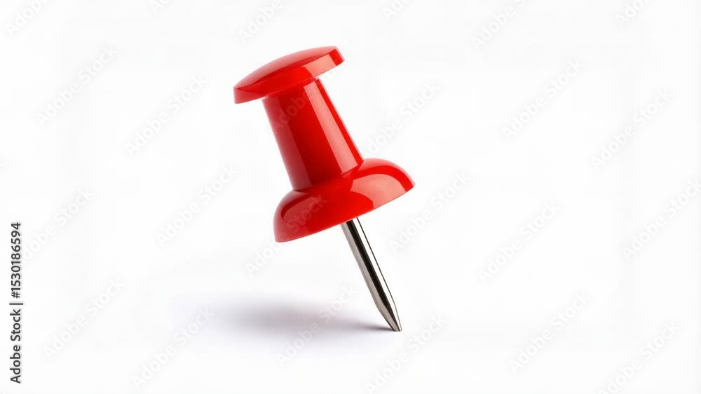 Macro photo of a red pushpin with a steel needle against a plain white background for bulletin board or corkboard message posting
