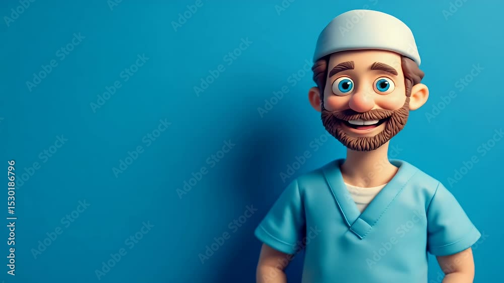 Cartoon Male Doctor Character Smiling Confidently in Bright Medical Office with Light Blue Uniform and White Cap Cartoon Male Doctor Character Smiling Confidently in Bright Medical Office with Light Blue Uniform and White Cap