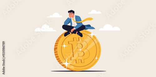 Bitcoin hodl, holder who buy bitcoin or crypto currency for long term investment, crypto investing or believe in Bitcoin independence concept, calm businessman investor relax sitting on Bitcoin.