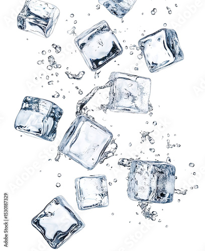 Multiple Ice Cubes Falling Through Water With Splashing Water Droplets Isolated On A Transparent Background