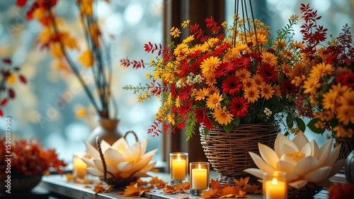 Autumnal Lotus Baskets - Colorful Flowers and Candles