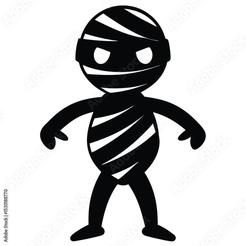 Cartoon character depicting a mummy in black and white with striped wrapping isolated