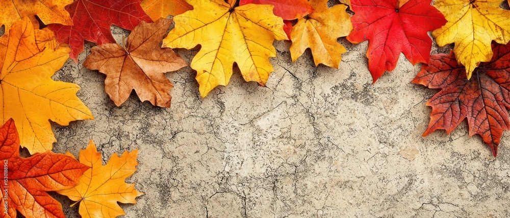 Colorful autumn leaves arranged on a textured, neutral-toned background, creating a vibrant fall scene Colorful autumn leaves arranged on a textured, neutral-toned background, creating a vibrant fall scene