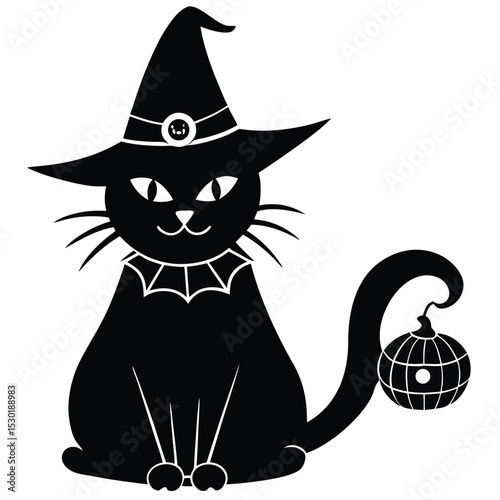 Cute cartoon black cat wearing witch hat and holding a halloween pumpkin lantern