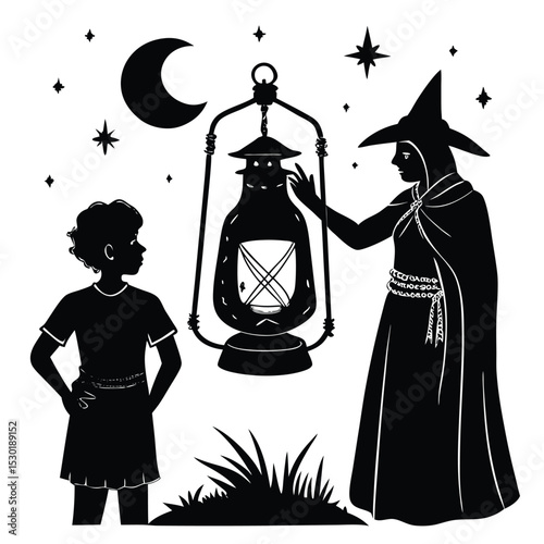Mysterious witch with a lantern illuminating a boy at night under the crescent moon