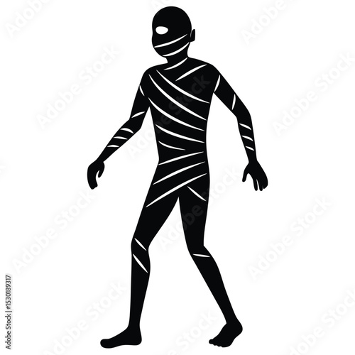 Silhouette illustration of a walking egyptian mummy with bandages and costume for halloween