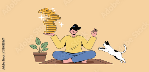 Passive income getting money while doing nothing, financial independence retire early, being wealthy by passive investing concept, young woman sitting relax getting stack of money coins in her hand