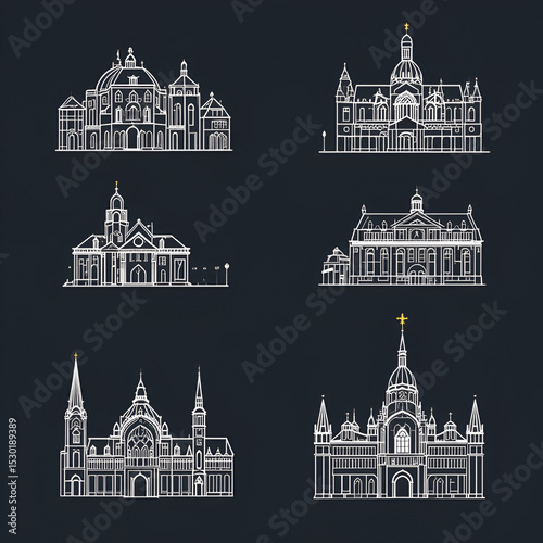 Historic architecture landmarks, sightseeings, famous showplaces of Latvia. Vector thin line icons of St. Peter Church, Turaida Castle, Birini Palace, Nativity of Christ Cathedral, House of Blackheads