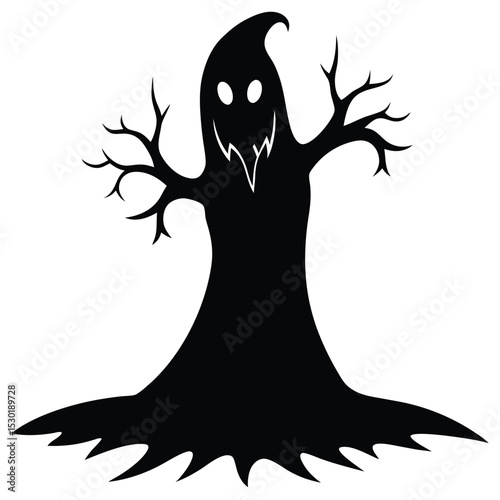 Spooky black silhouette of a ghostly tree with an expression for halloween design
