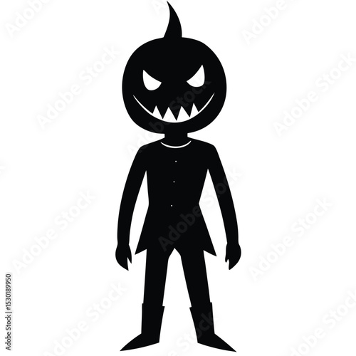 Spooky halloween character silhouette in black and white smiling with sharp teeth costume design