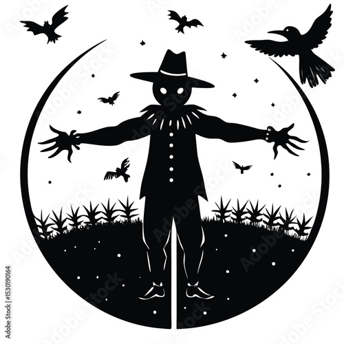 Spooky silhouette of a scarecrow with bats and crows for halloween celebration