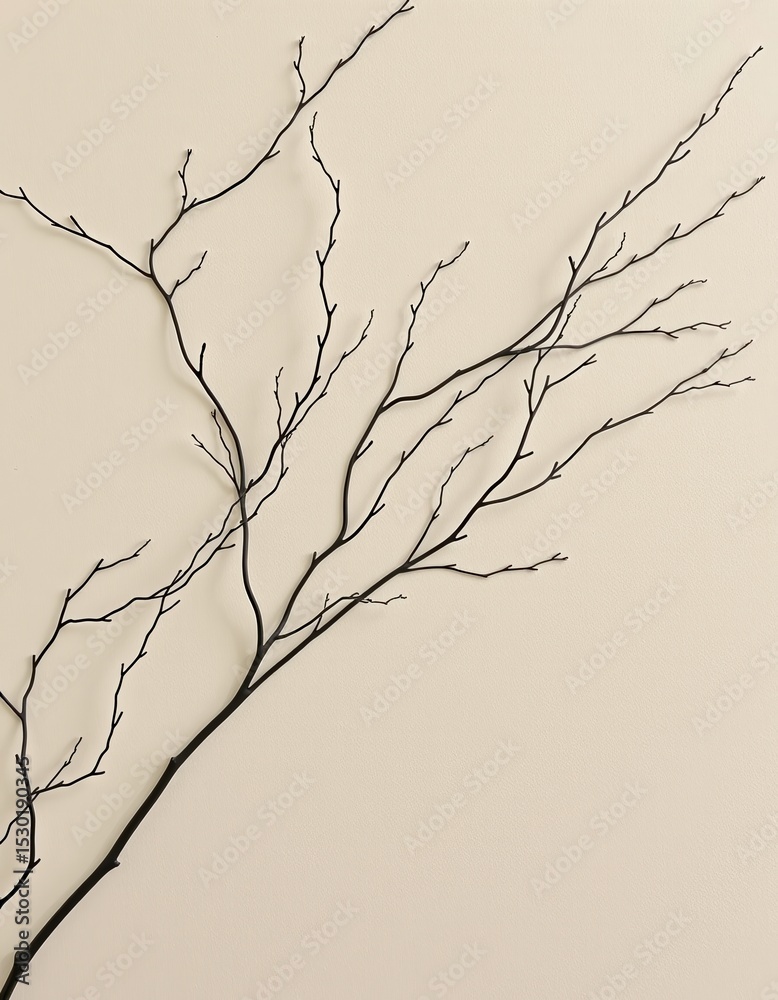 Obraz premium A minimalist photograph of a bare, thin branch with multiple twigs against a light beige background.