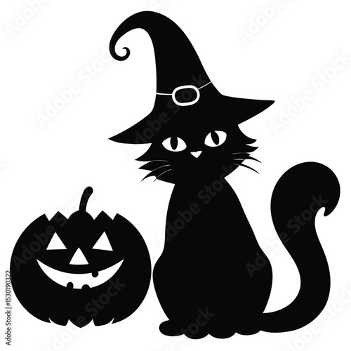 A black cat in a witch hat beside a jack o lantern illustration for halloween decorations