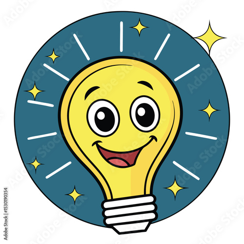 Creative Spark: A cheerful cartoon of a light bulb emanates radiating rays, sparking the imagination with innovative ideas and symbolic of enlightenment.