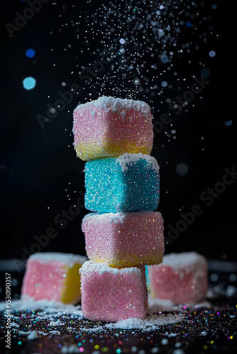 A professional, high-resolution image of beautiful and colorful glittery marshmallows arranged on a black background, highlighted with a dreamy snowy overlay and vibrant lighting.