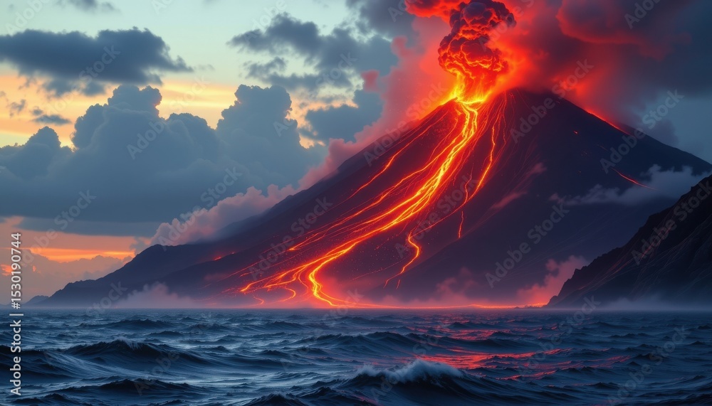 Naklejka premium ultra realistic 8k high resolution image of a volcano erupting with glowing rivers of lava cascading down steep cliffs into ocean, cinematic tropical island disaster scene