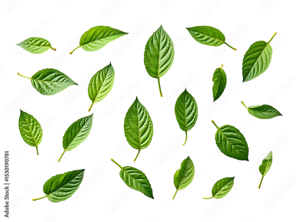 Collection of fresh mint leaves in various shapes, viewed from above, white background,organic,icon,set Collection of fresh mint leaves in various shapes, viewed from above, white background,organic,icon,set