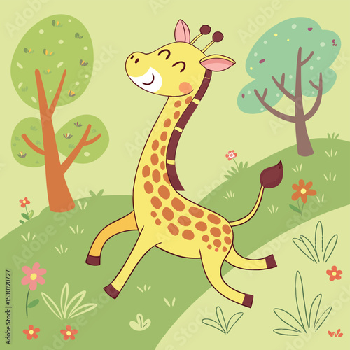 Cheerful giraffe cartoon in the Garden: A joyful cartoon giraffe frolics in a vibrant garden.